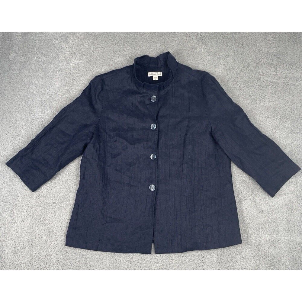 Coldwater Creek Linen Blazer Jacket 3/4 Sleeve Navy Blue Button Lined Womens 14